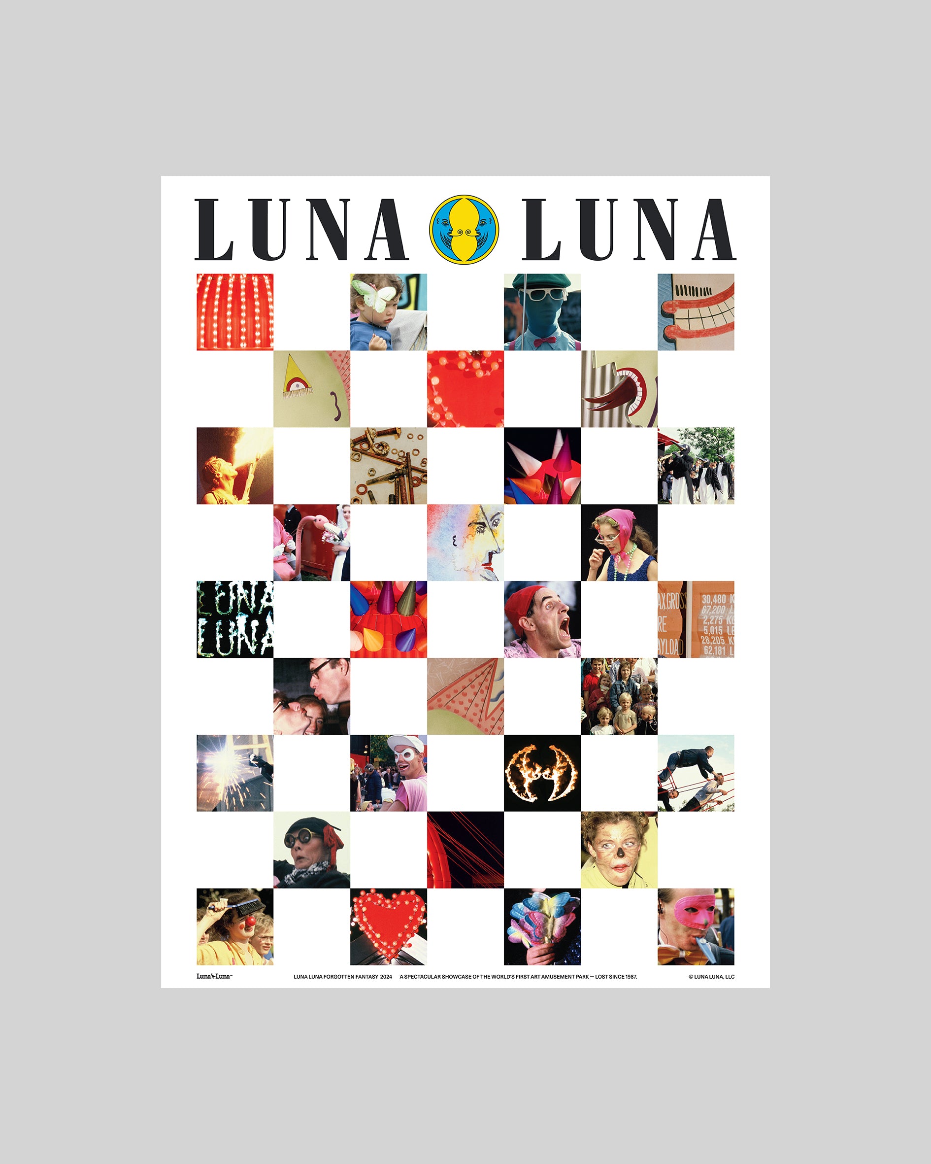 1987 Faces Poster. Square archive photographs laid in a checkered pattern on a white poster with the Luna Luna logo at the top. 18 inches wide by 24 inches tall.