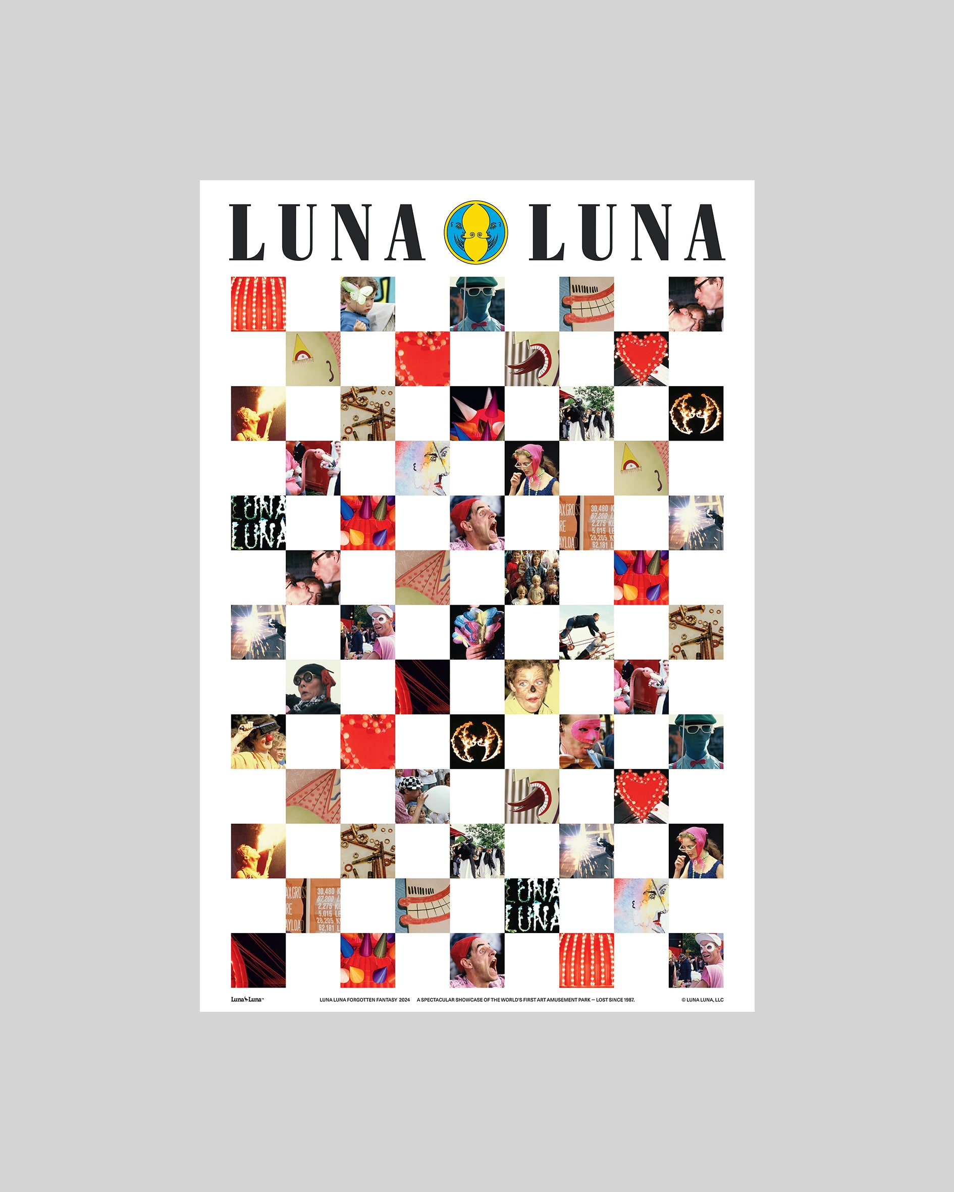 1987 Faces Poster. Square archive photographs laid in a checkered pattern on a white poster with the Luna Luna logo at the top. 24 inches wide by 36 inches tall.