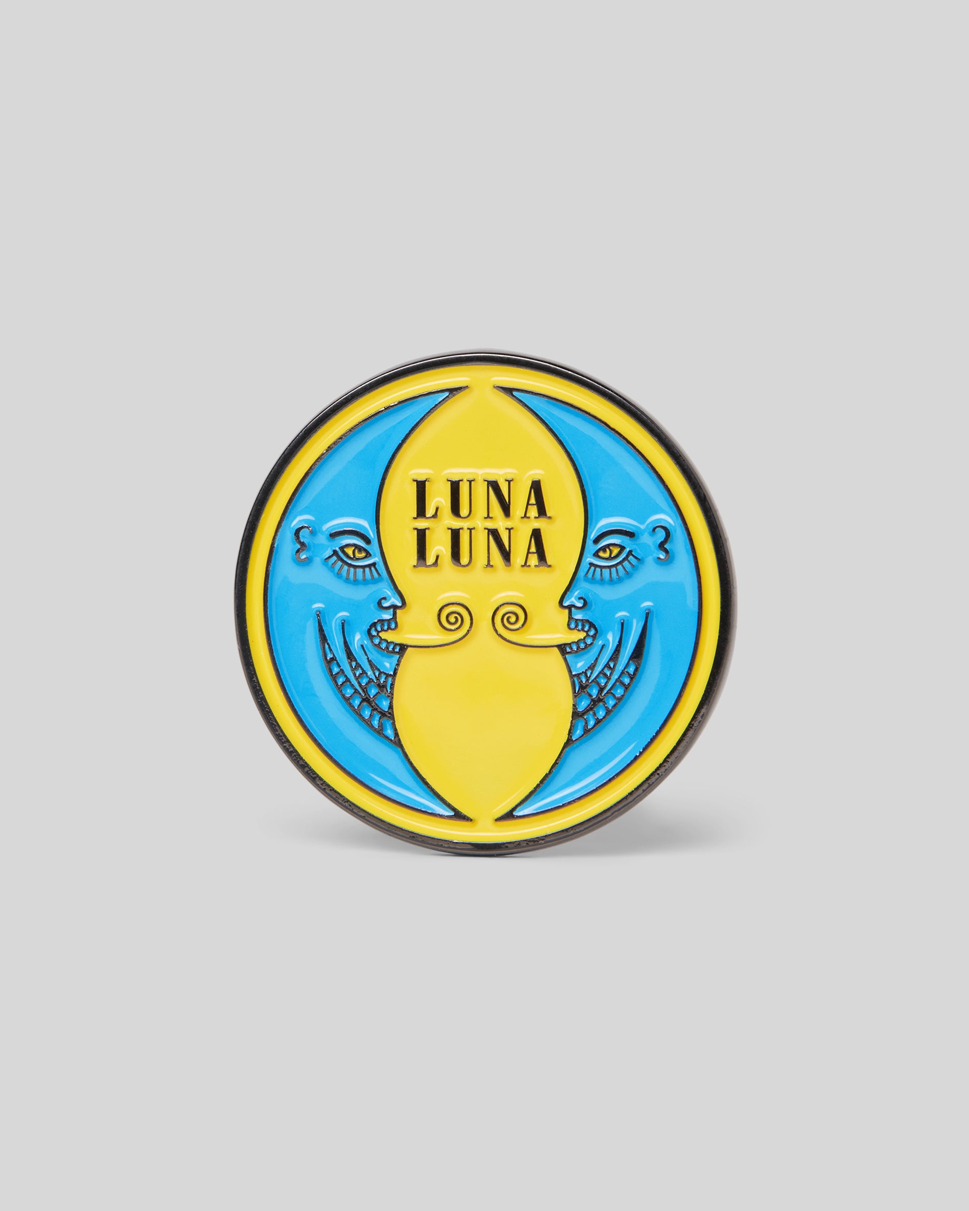 1987 Moon Enamel Pin. Blue and yellow metal double moon logo pin.